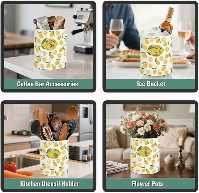 Lemon Kitchen Decor, 6.5inch Ceramic Utensil Holder with Lemon Design, Rustic-Style Indoor Kitchen Utensil Storage Rack,Ideal for Spoon Storage and Cooking Tools, Gift for Kitchen Organizers