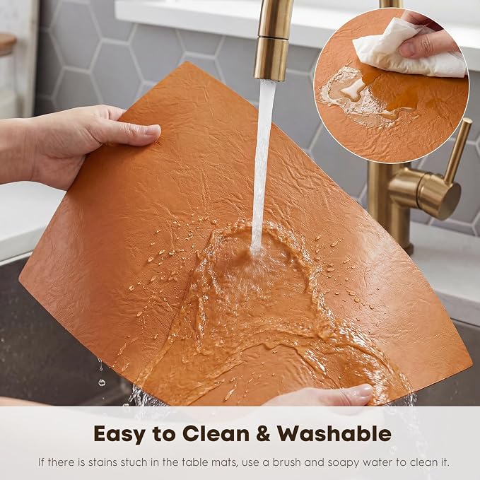 Artoid Mode Rust Faux Leather Placemats Set of 4, 12x18 Inch Waterproof Wipeable Heat Resistant Vinyl Place Mats, Reversible Table Mats for Fall Kitchen Dining Decor