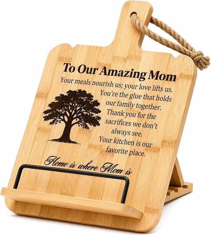 Bamboo Cookbook Stand for Kitchen Counter, Wooden Recipe Book Holder with 4 Adjustable Angles, Space-Saving Wall Mount Tablet Stand, Personalized Mothers Day Gifts for Mom