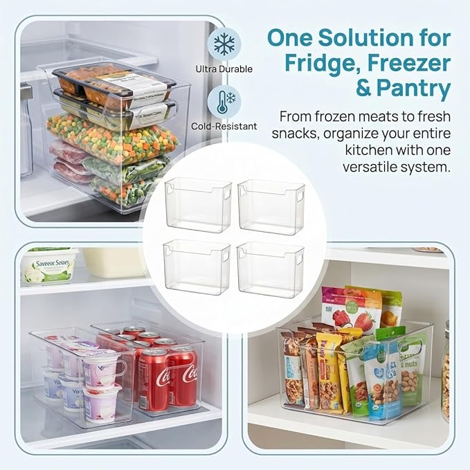 4 Pack Crystal Clear Freezer Storage Bins - Clear Plastic Storage Bins for Refrigerator & Pantry, Stackable Kitchen Cabinet Organizer with Handles for Frozen Food, Meat, Veggies (4*MixB)