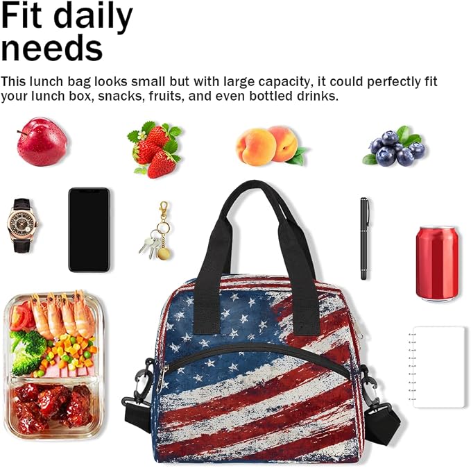 Pardick Vintage American Flag Insulated Lunch Bag for Women Leakproof Lunch Box Large Cooler Thermal Tote Bag with Shoulder Strap Meal Prep Bags for Work School Office Picnic Teen Girls Adult