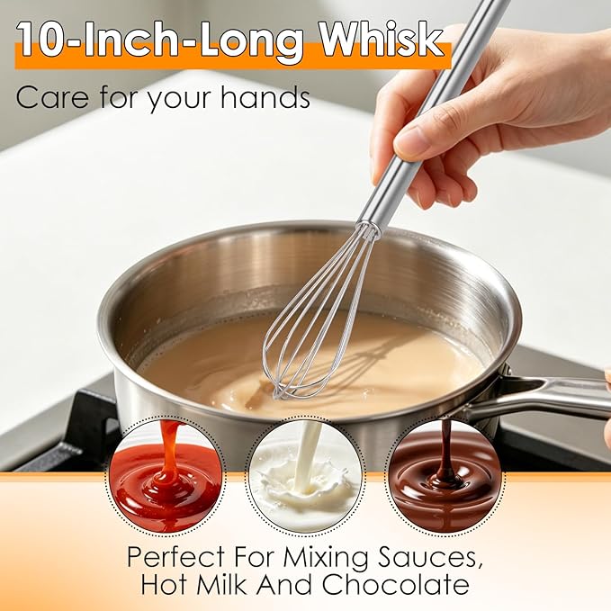 HOTEC 10 Inch Mini Whisk Anti-Rust 304 Stainless Steel Small Whisks for Cooking, Baking, Mixing Ingredients & Deep Containers