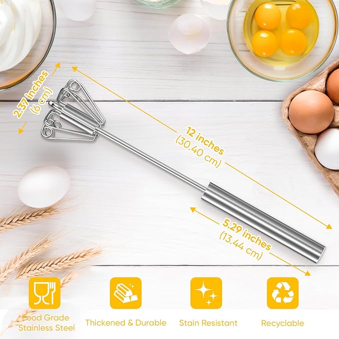 OOKUU Stainless Steel Egg Whisk, Whizzy Whisk, Semi Automatic Wisk Blender for Home - Versatile Tool for Egg Beater, Hand Push Blender, for Blending, Beating & Stirring (2Pack 12in)