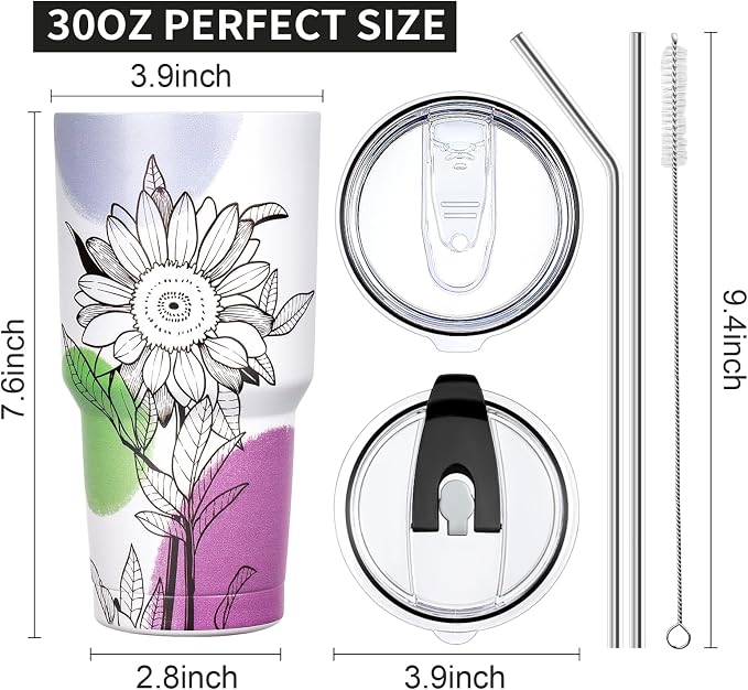 30 oz Tumbler with Lids and Straws Double Wall Insulated Tumbler Cup,Stainless Steel Leak-proof Thermal Coffee Tumbler Powder Coated Travel Mug for Cold and Hot Beverages,Sunflower