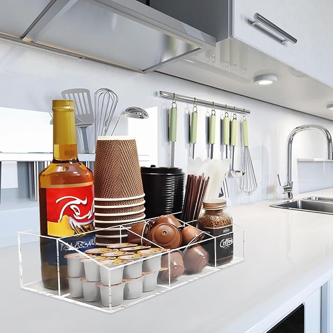 Acrylic Coffee Bar Station Organizer for Countertop, Office, Home Coffee K Cup Holder Holds Paper Cups, Condiments, Syrups, Creamer, Multi-Purpose Accessories Organizer