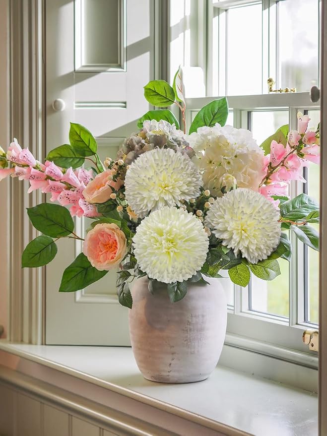 Briful Autumn Artificial Chrysanthemums Ball Flowers 4’’ Large Heads Mums Stems Cream White Fake Hydrangea Flowers Bridal Wedding Bouquet for Home Garden Party Wedding Fall Decoration, Set of 6