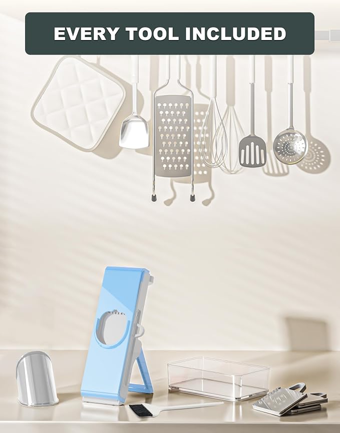Eletronova Safe Mandoline Slicer for Kitchen, Vegetable Slicer with Container, French Fry Cutter, All in 1 Julienne Slicer for Potato, Thickness Adjustable, Detachable Blade (Light gray-blue)