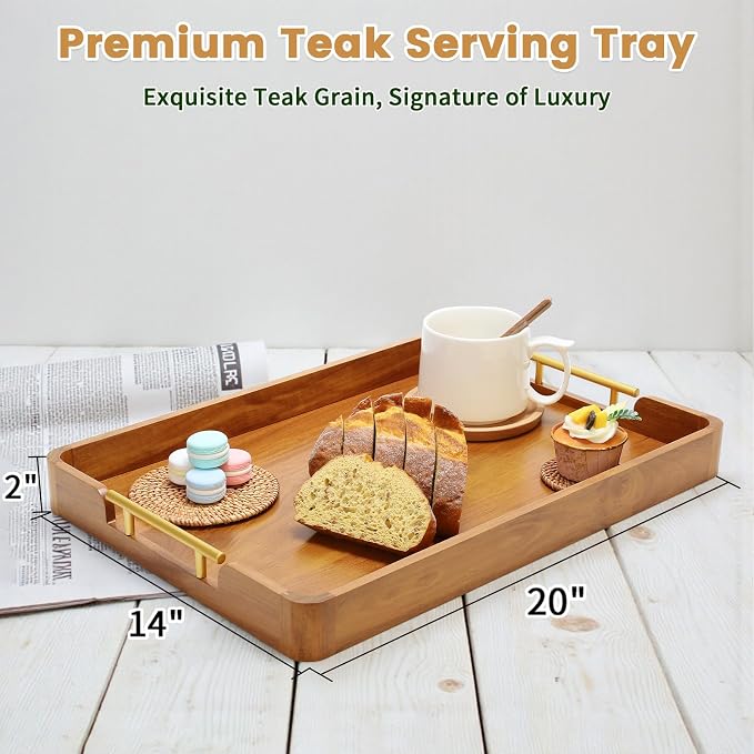 Solid Teak Wood Serving Tray with Handles, 20"x14"x2" Large Ottoman Tray for Living Room Kitchen Party, Decorative Rustic Rectangular Tray for Home Coffee Table Breakfast Dinner Bar