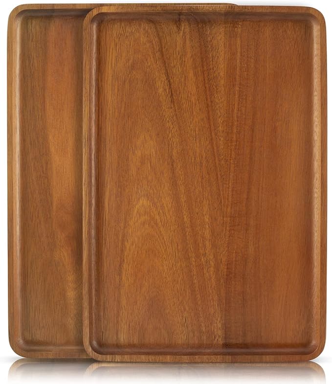 2 PCS 13 x 9 in Solid Acacia Wood Serving Trays Rectangular Wooden Serving Platters Natural Wooden Boards for Bar Coffee Party