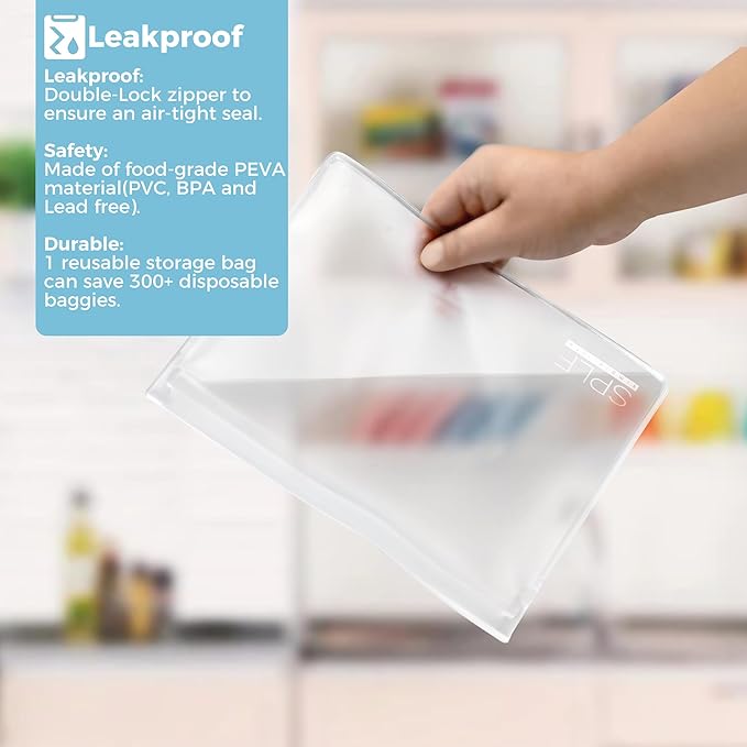 SPLF 6 Pack Dishwasher Safe Reusable Sandwich Bags, Quart freezer bags, Reusable Food Storage Bags, BPA FREE Stand Up Extra Thick Leakproof Silicone Free Zipper Snack Lunch Freezer Bags