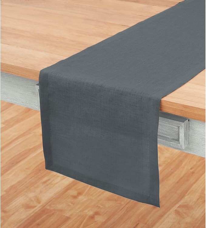 Solino Home Linen Table Runner 120 Inches Long - 100% Pure Linen Dark Grey Dining Table Runner 14 x 120 Inch - Fete