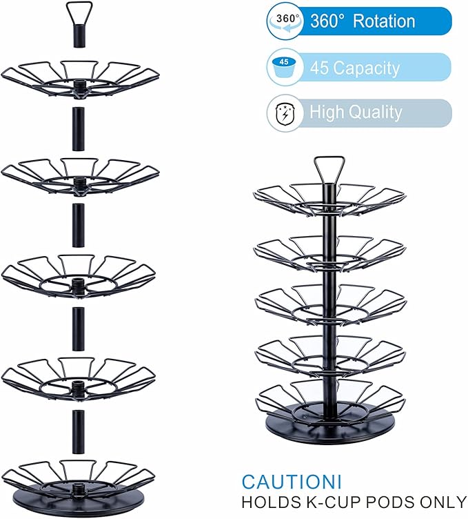 ZCDCP K cup Holder Carousel 5 Tier Coffee pod holder Metal Coffee Pods Storage Organizer Stand Compatible with 45 K Cup Pods