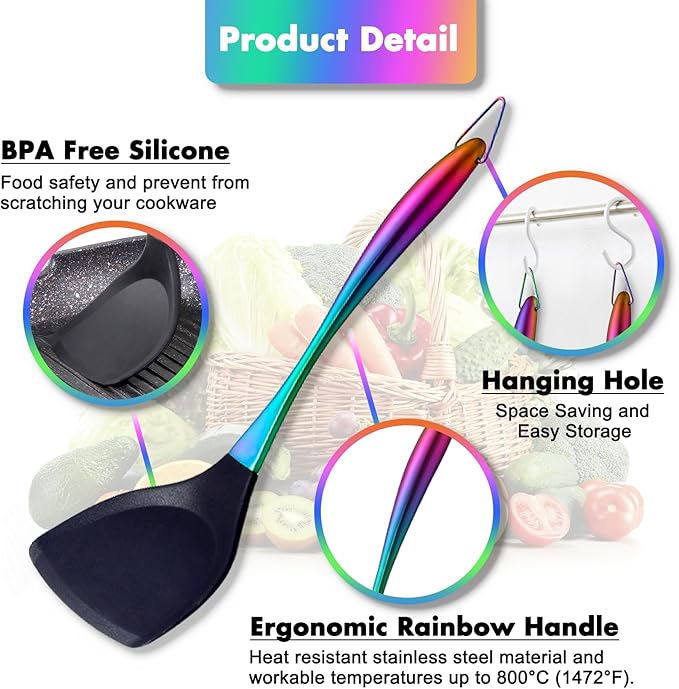 Silicone Cooking Utensils Set, 9Pcs Kitchen Utensil Set with Stainless Steel Handle, Heat-Resistant Silicone Utensils for Cooking, Non-Stick Spatula Set with Spoons, Turners, Ladle (Rainbow)