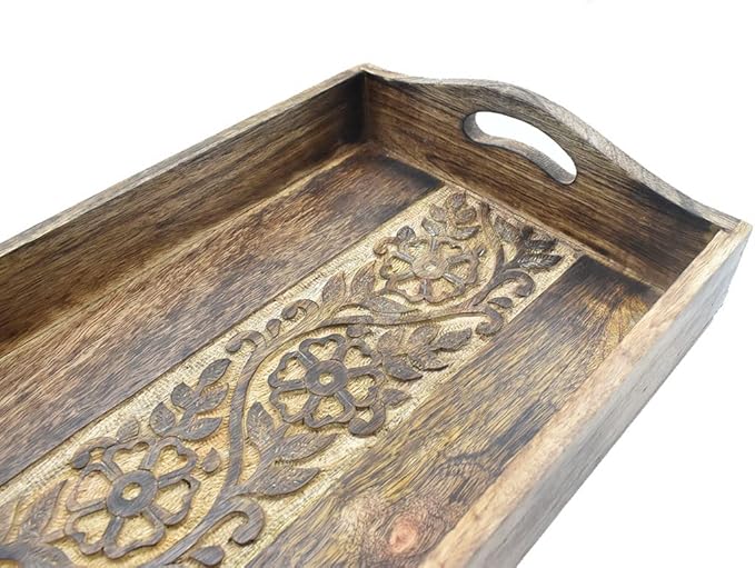 STORE INDYA Rustic Large Wooden Serving Tray Platter for Tea Snack Dessert with Handle Hand Carved Floral Design. Kitchen Dining Serve-Ware Accessories 14 x 10 Inches