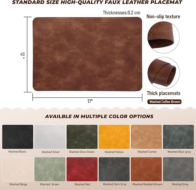 UnivoColors Placemats,Heat Resistant Placemats Set of 4 Washable 12 x 17 Inch,Waterproof Table Mats,Wipeable Pu Place Mats for Kitchen,Dining Room.Red