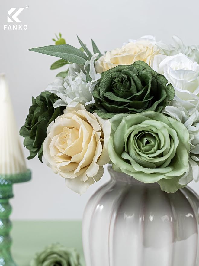 FANKO Artificial Flowers for DIY, Green White Cream Faux Flowers Bouquet, Fake Rose Silk Flowers for Vase, Home Decor, Garlands, Greenery-Themed Wedding, Party, Housewarming