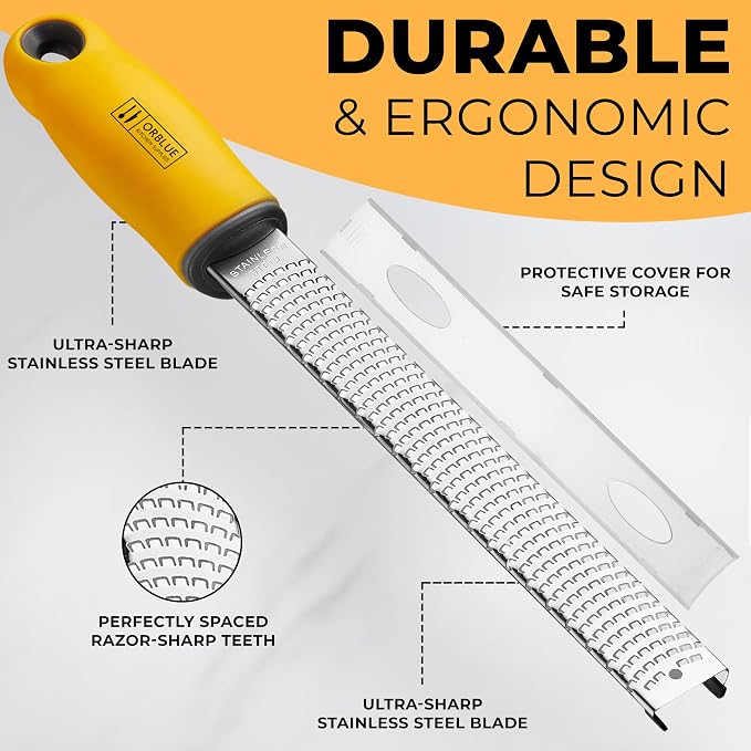 Orblue Lemon Zester & Cheese Grater - Premium Citrus Zester, Kitchen Grater for Parmesan, Chocolate, Fruits, Vegetables, Ginger, Garlic, Nutmeg - Stainless Steel Blades with Protective Cover, Yellow