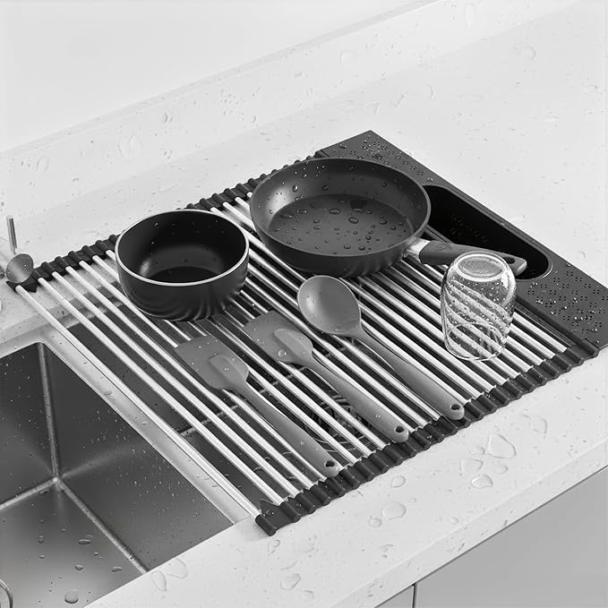 Roll Up Dish Drying Rack Over Sink, 17.5" x 15.2" Foldable SUS304 Stainless Steel Kitchen Dish Drainer, Heat-Resistant Multipurpose Rolling Sink Rack Organizer,Black
