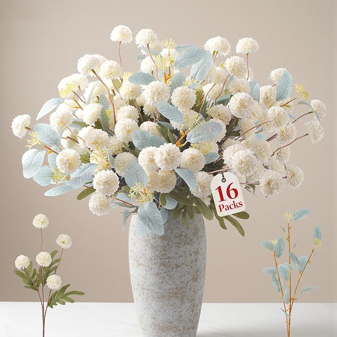 Alupssuc 16PCS Faux Silk Pompon Mums Artificial Flowers with Eucalyptus, Fake Chrysanthemum Floral for DIY Vase Arrangement, Long Stem Dining Table Centerpiece Home Decor, White