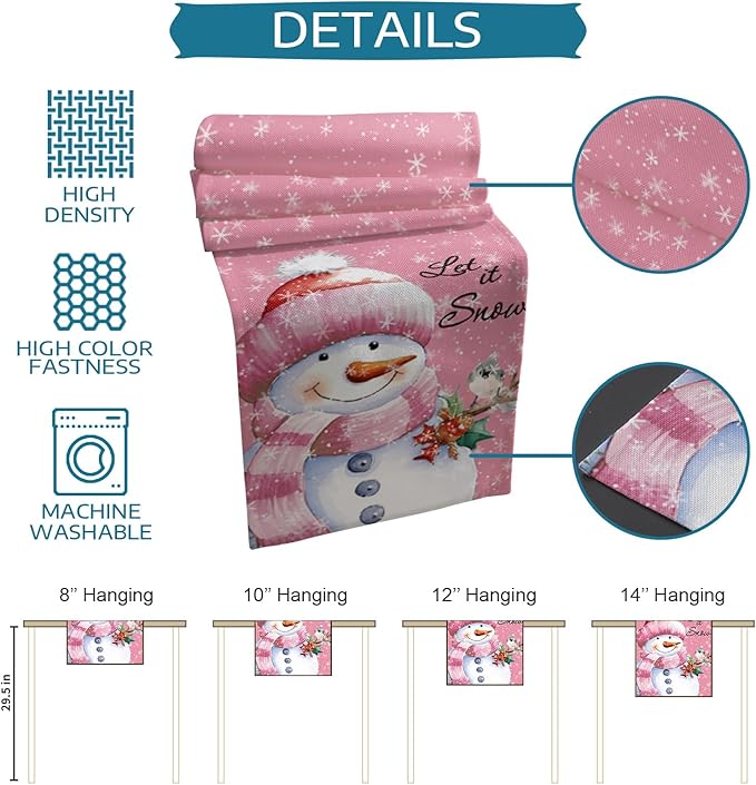 Snowman Christmas Table Runner - 72 Inch Long, Pink Xmas Winter Snowflake Dining Table Runner Dresser Scarves, Rustic Let Snow Bird Christmas Decor for Coffee Table Wedding Party Banquet, 14x72 in
