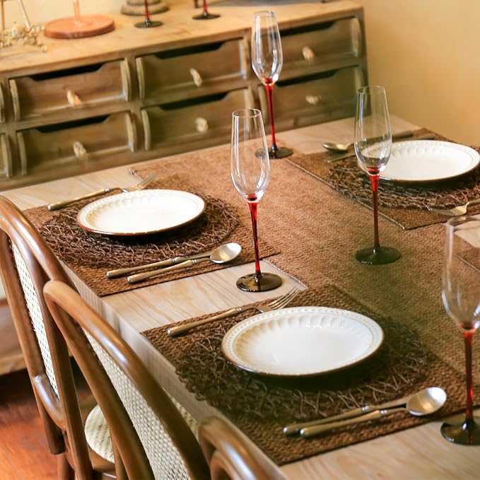 AHHFSMEI Paper Braided Round Placemats Set of 6 Natural Non-Slip Heat Resistant Table Mats for Dining Tables Woven Indoor & Outdoor Place mats(Coffee)