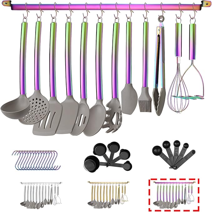 38 Piece Silicone kitchen Cooking Utensils Set with Utensil Rack, Silicone Head and Stainless Steel Handle Cookware, Kitchen Tools, Non-Stick kitchen Gadgets, Dishwasher Safe (Rainbow)