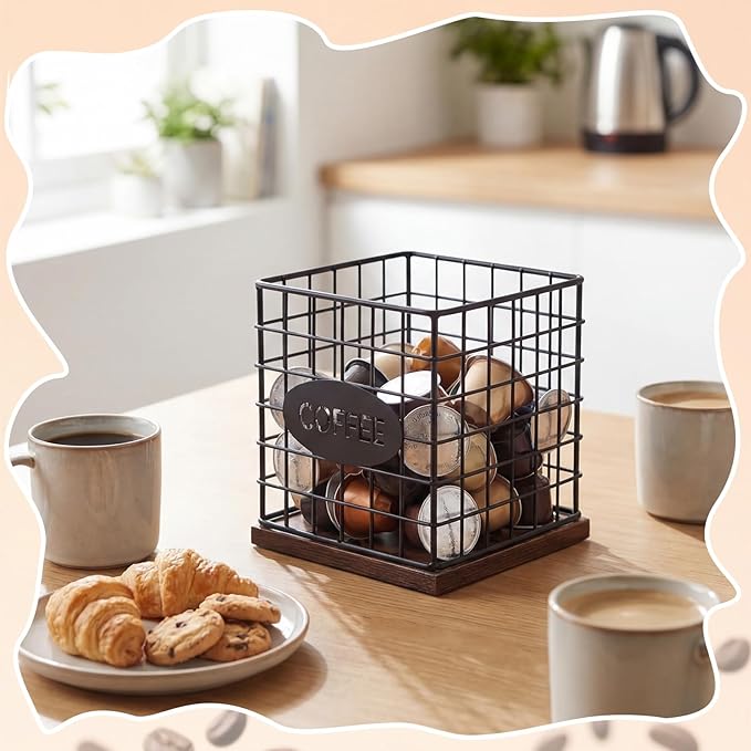 LemonRoad 2 Pack Coffee Pod Holder Organizer Metal Pod Storage Basket with Wood Base Black Large Capacity Capsule Holder for Kitchen Counter Coffee Bar Accessories Office Desk Supplies