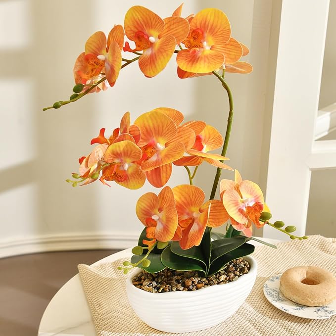 19" H Phalaenopsis Faux Orchid Plant Silk Orchid Centerpiece Artificial Floral Arrangement in Ceramic Pot (Orange)