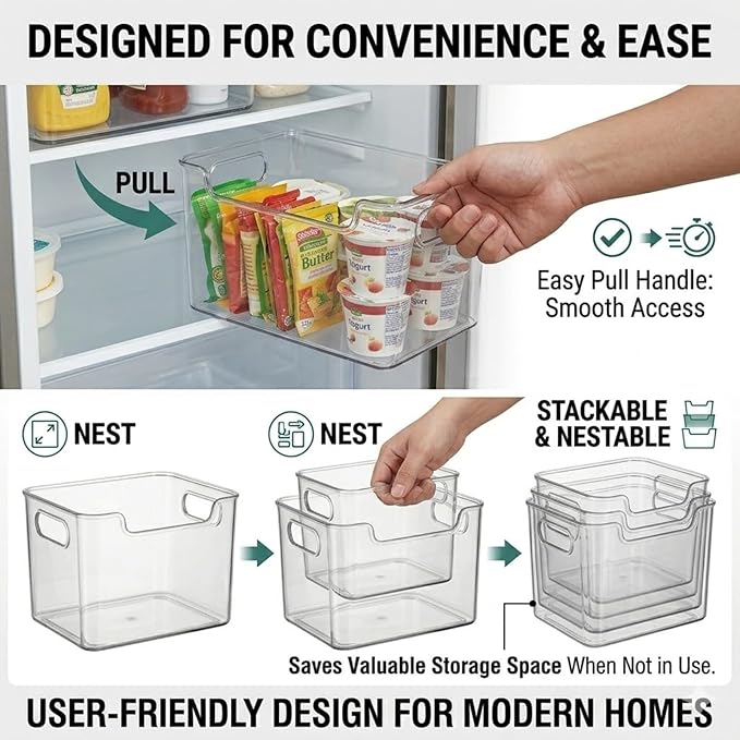 Thickened Crystal Clear Freezer Storage Bins - 4 Pack Clear Plastic Bins for Refrigerator and Pantry, Stackable Kitchen Cabinet Organizer with Handles for Pantries, Cabinets (4Pcs-S+L)