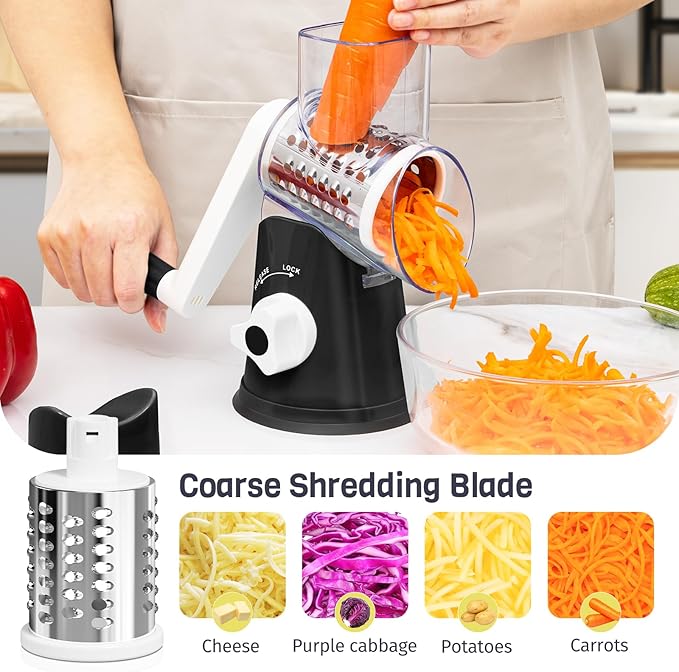 Cheese Grater Hand Crank, Rotary Cheese Shredder with 3 Interchangeable Blades for Coarse, Fine Shredding and Slicing, Strong Suction Base for Pizza, Pasta, Salad, Vegetables, Nuts, Chocolate
