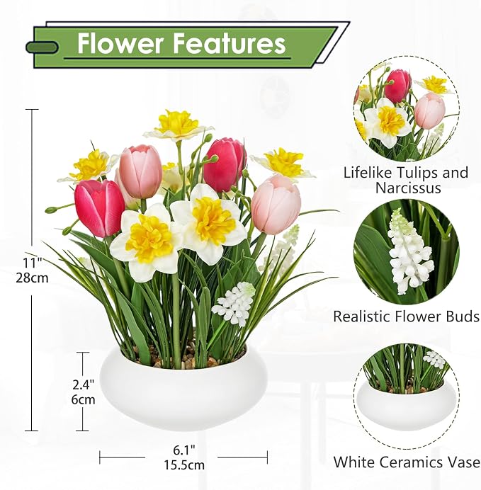 Hollyone Tulips Artificial Flowers with Daffodil Bulbs in Vase Fake Tulips Silk Flowers Arrangements with Ceramic Pot Daffodil Tulip Bulbs Floral Bouquet for Home Decor Table Centerpiece White Pink