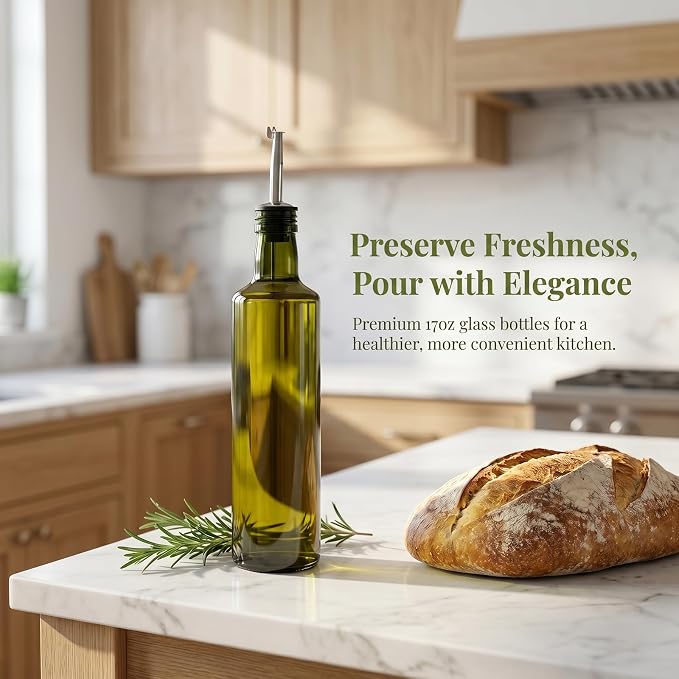 Frcctre 6 Pack 17 Oz Glass Olive Oil Dispenser Bottles, Oil and Vinegar Cruet Set With Stainless Steel Pourer Spouts, Olive Oils Carafe Decanter for Kitchen, Dark Green