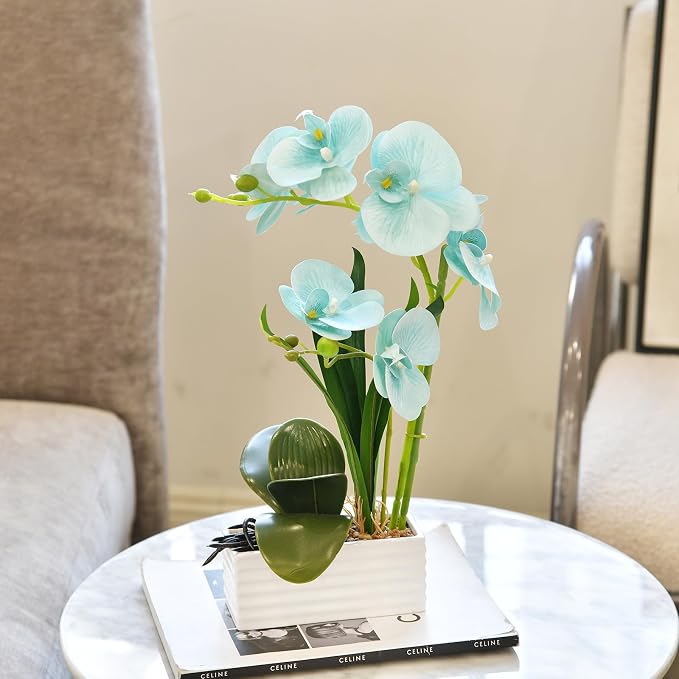 Artificial Real Touch Orchid Flowers in Pot Fake Phalaenopsis Flower with White Ceramic Vase Faux Orchids Arrangement for Home Table Office Wedding Party Decoration (Golden Blue)