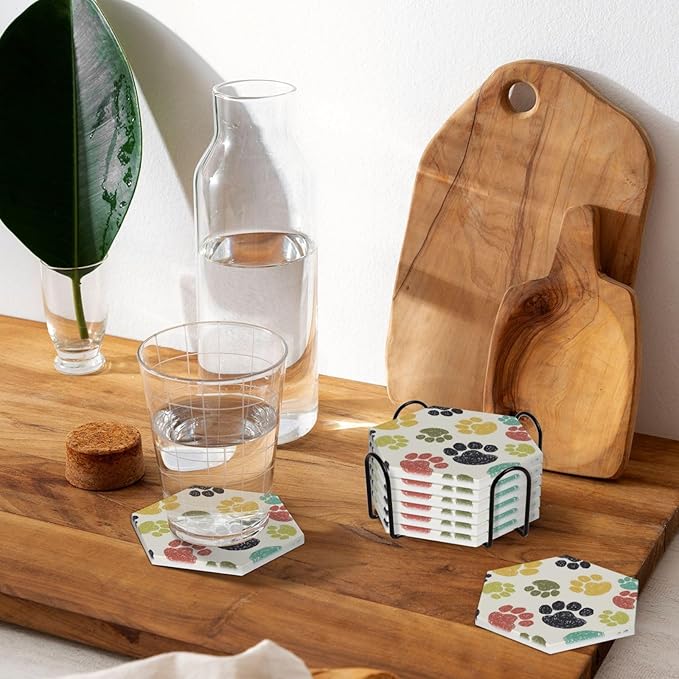 Cute Funny Dog Paw Print Hexagon Drinks Coasters Absorbent Stone with Holder Set of 6, Colorful Animal Beige Kids Cat Claw Footprint Ceramic Coaster for Coffee Table Protection (Hexagonal)