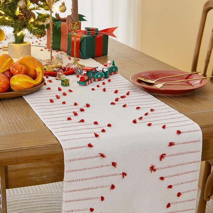 Wracra Christmas Table Runner, Natural Cotton Woven Macrame Table Runners 72 Inches Long for Christmas Decorations,Modern Farmhouse Woven Home Decor, 14x72 Inch, Red