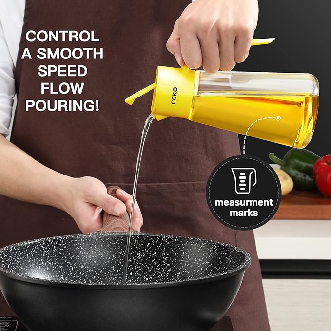 CCKO Olive Oil Dispenser Bottle 19oz Glass Oil Bottle for Kitchen Cooking,Auto Flip Drip Free Cooking Oil Dispenser,Suitable for Soy Sauce,Syrup,Vinegar,Salad Dressing Container (Yellow)