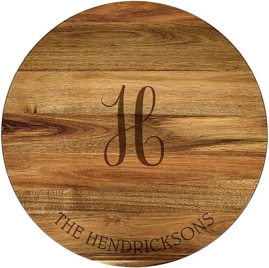 Engraved Family Name and Script Initial Personalized Lazy Susan, 16" Rotating Tray Brown
