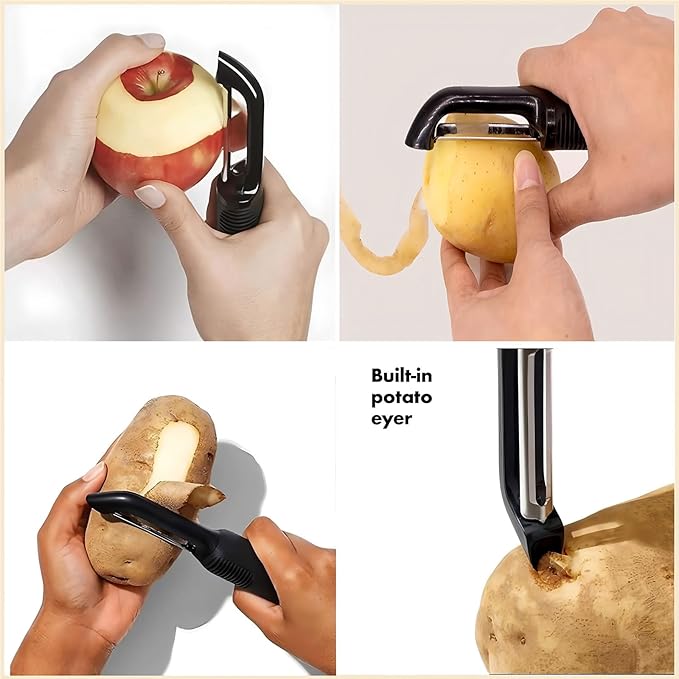 Swivel Vegetable Peeler with Non-Slip Ergonomic Handle,Rust-Proof Steel Blades,Built-in Potato Eye Remover,Plastic Blade Guard,Kitchen Peeler for Potato Carrot Apple Veggie Fruit (Black)