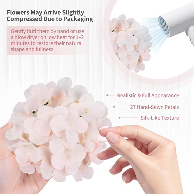 64 PCS Silk Hydrangea Flowers with Detachable Stems, Full Artificial Hydrangea Heads for Wedding Centerpieces, Bridal Shower Bouquets, DIY Floral Arrangements & Home Decor