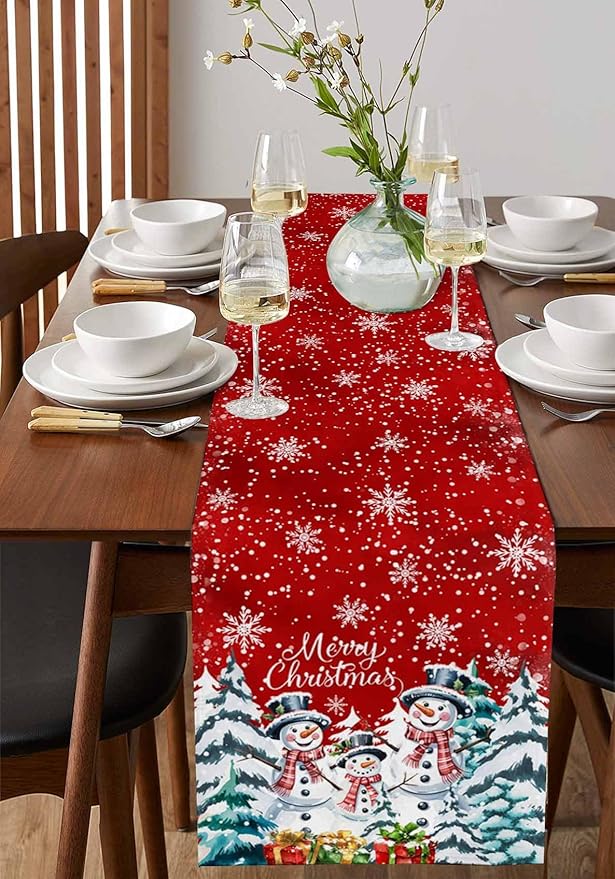 Christmas Table Runner - 72 Inch Long, Snowman Dining Tablerunner Xmas Tree Kitchen Dresser Scarves, Winter Snowflake Farmhouse Red Merry Christmas Decor for Coffee Table Wedding Party Banquet