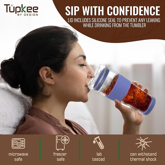 Glass Sip Lid Jacaranda - Replacement Double Wall Glass Tumbler, 14oz & 8oz Hand Blown Travel Mug