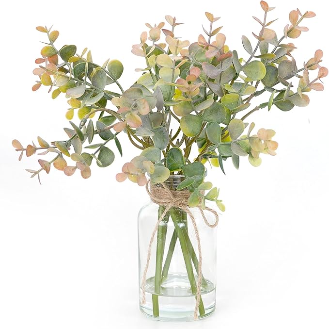 Muhanjia Artificial Eucalyptus Stems in Glass Vase with Faux Water,6Pcs Grey-Orange Fake Plant for Centerpiece (Grey-Orange Eucalyptus)
