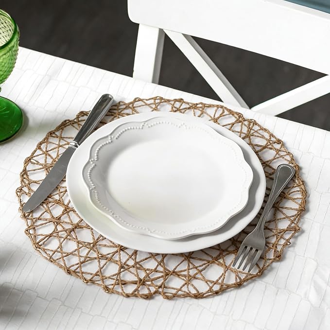comfoyar Round Paper Braided Placemats Set of 12, 13 Inch Non-Slip Light Brown Hand Woven Place Mats, Natural Table Mats for Indoor Outdoor Kitchen Dining Party Table Decoration