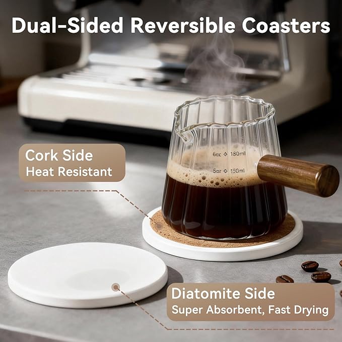 Glass Measuring Cup 6OZ, Espresso Accessories, Expresso Shots Cup, Espresso Shot Glass with V-Shaped Mouth, Ribbed Milk Frothing Pitcher, coffee Espresso Cup(Wooden Handle)