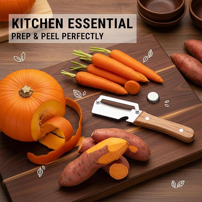 Sakerplus Multifunctional Vegetable Peeler, Ergonomic Wooden Handle Stainless Steel Blade, Contour-Flow for Kitchen Prep, Camping, and Outdoor Cooking (5 pc)