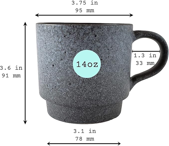 14oz Classic Stackable Ceramic Coffee Mugs, Assorted Colors - Set of 4 Space Saving Durable Stacking Cups with Speckled Finish
