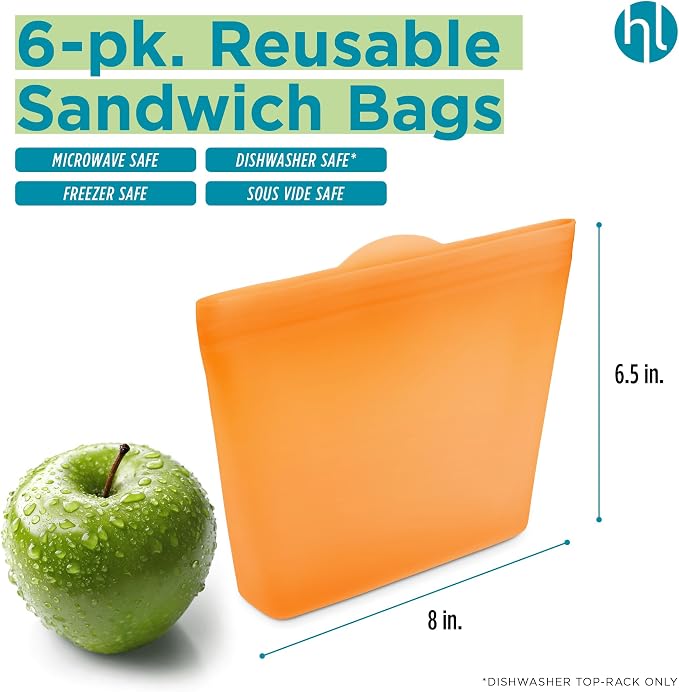 Home Logic Reusable Sandwich Bags - Set of 6 Firecracker Orange Silicone Freezer Bags, Airtight Leak Resistant Reusable Zip Bags for Kitchen Home Food Prep, Microwave & Sous Vide Safe