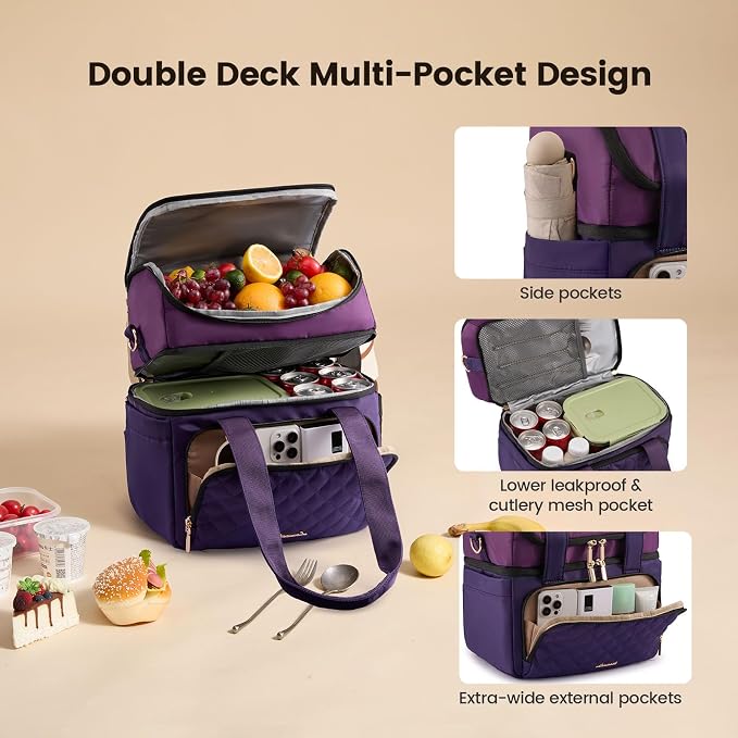 LOVEVOOK Insulated Lunch Bag For Women,X Large Double Deck Adult Lunch Box,Teacher Lunch Tote Bag With Cup Holder,Leakproof Cooler Bag With Adjustable Shoulder Strap For Work Picnic Beach,Larger 24L