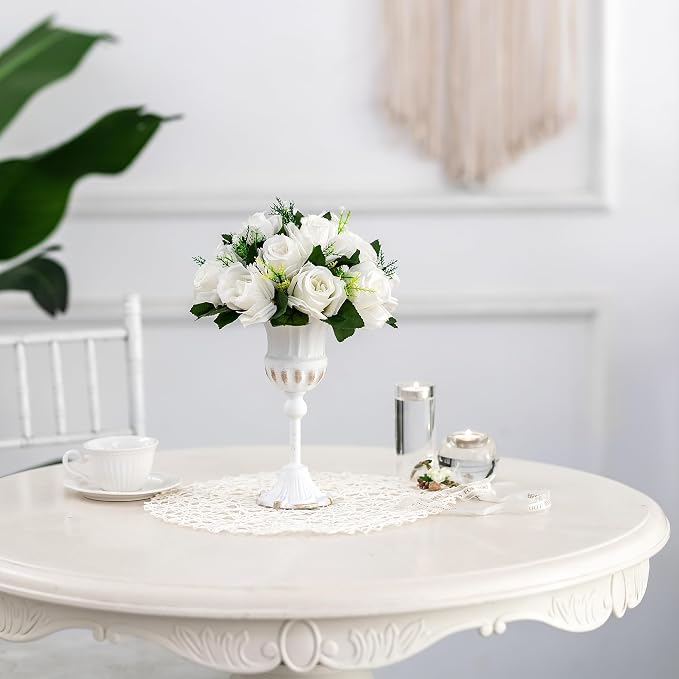 BLOSMON White Fake Flowers Centerpieces: 6 Pcs Artificial Roses Flower Ball for Wedding Dinning Table - Faux Silk Kissing Bouquet Floral Arrangement for Home Party Event Decor