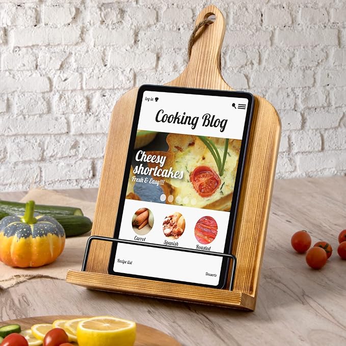 PUERSI Cook Book Stand for Kitchen Counter, Wooden Cookbook Holder, Adjustable Recipe Book Holder - Brown